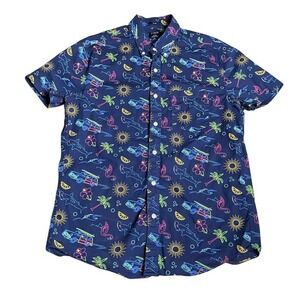 J. Crew Flex Washed Slim Button Down Shirt Neon Shark Print Short‎ Sleeve - M